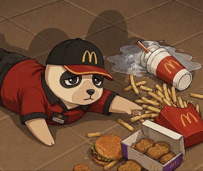 The image features a cartoon panda wearing a McDonald's uniform lying down on the floor with a box of fries beside him. The fries are scattered around, indicating that he has been eating them. There is also a drink next to the fries, suggesting that he might be enjoying a meal from the fast-food restaurant. The post seems to be about the panda's first day at work and how it relates to the McDonald's brand.