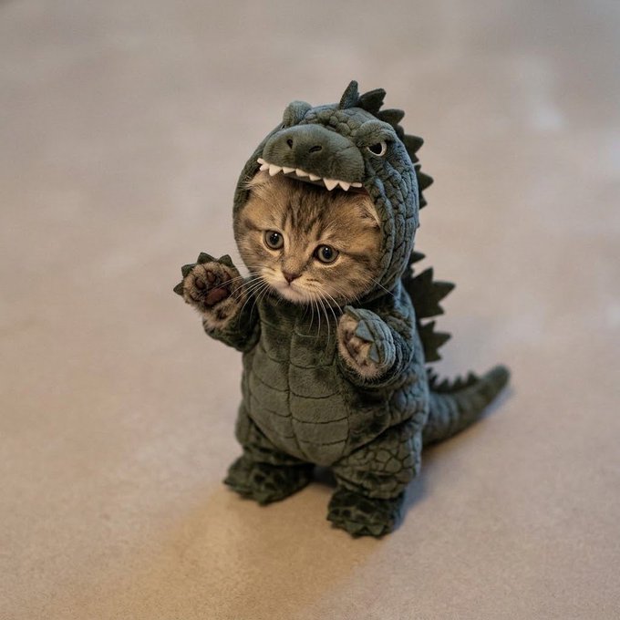 A cute tabby cat dressed in a green Godzilla costume with an open dinosaur hood mouth and spiky back details, posed standing up with its paws raised.