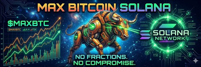 A vibrant crypto promotional banner for **$MAXBTC** features a glowing robotic bull charging forward alongside an upward-trending green chart, the Solana logo, and the slogan "No Fractions. No Compromise."—visually echoing the post's bullish message about the token's momentum on the Solana network via Dexscreener.