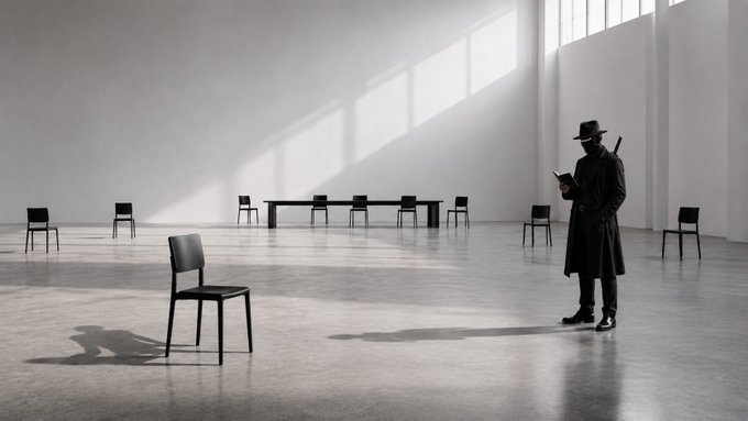 A surreal black-and-white image of a shadowy figure in a hat and long coat reading a book in a vast empty room with scattered chairs and a long table.