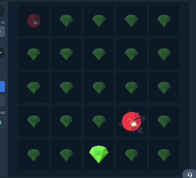 A grid of dark tiles displays mostly green gem icons, with one red cracked gem in the top-left and a red explosion graphic over a gem in the fourth row; one tile shows a brighter green gem in the bottom row.