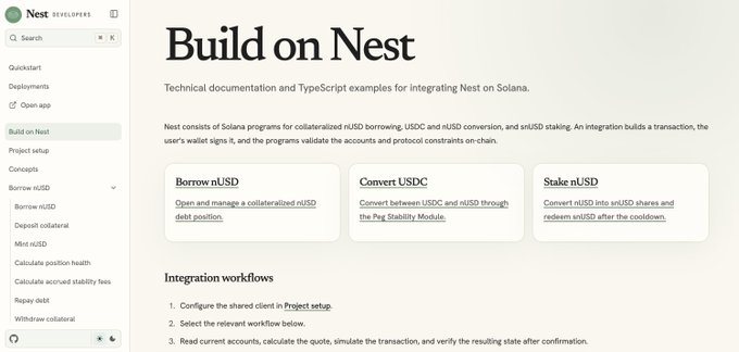 Nest Developers documentation page titled 'Build on Nest' with technical guidance and TypeScript examples for integrating Nest on Solana, covering Borrow nUSD, Convert USDC, and Stake nUSD.