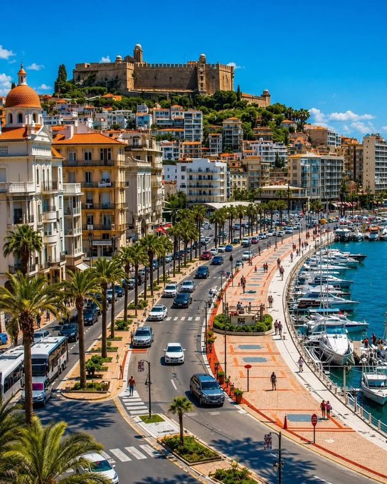 A scenic Mediterranean coastal cityscape featuring a waterfront promenade lined with palm trees, luxury yachts in a marina, and historic architecture. A large fortress or castle sits atop a hill in the background under a bright blue sky.