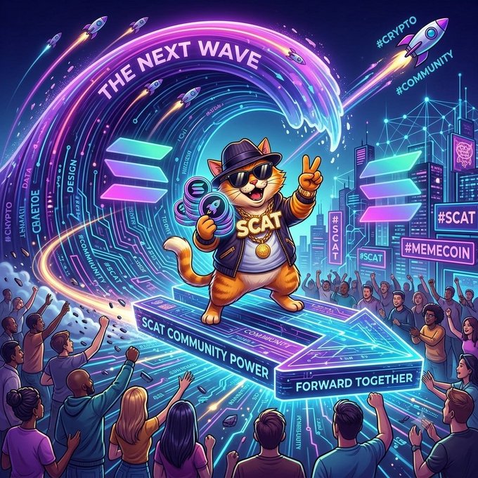 A vibrant crypto meme coin promotional artwork featuring a cool cat character wearing sunglasses and holding '$CAT' coins, with text 'THE NEXT WAVE', '#CRYPTO', '#COMMUNITY', '#SCAT', '#MEMECOIN', 'SCAT COMMUNITY POWER', and 'FORWARD TOGETHER' amid a futuristic cityscape.