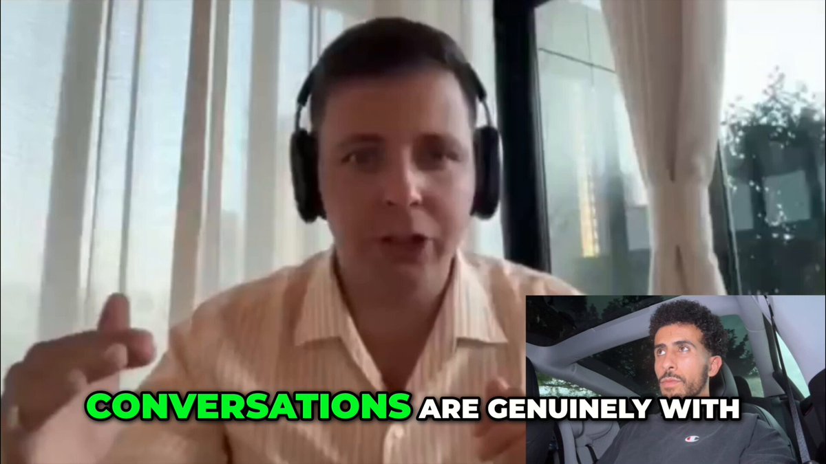 The image shows a man wearing headphones, standing in front of a window and having a conversation with someone else who appears not to be participating in the video call because they are on the other side of the window. The text overlay suggests that their conversations might be genuine.