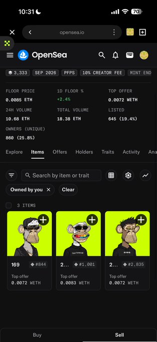 A mobile screenshot of OpenSea displaying the "ape hood" collection with a 10.68 ETH floor price and 18.38 ETH total volume, showing 3 ape NFTs owned by the user with top offers of 0.0072-0.0083 ETH. The image supports the post by showing the three gifted NFTs the user now holds in the collection.