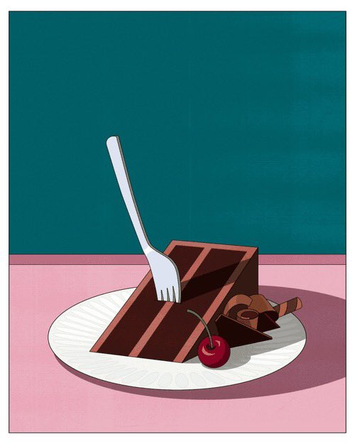 An illustration of a slice of chocolate cake with a cherry and a fork on a white plate, set against a teal and pink background.