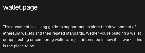A dark webpage header titled "wallet.page" with introductory text describing it as a living guide to support the development of ethereum wallets and related standards.
