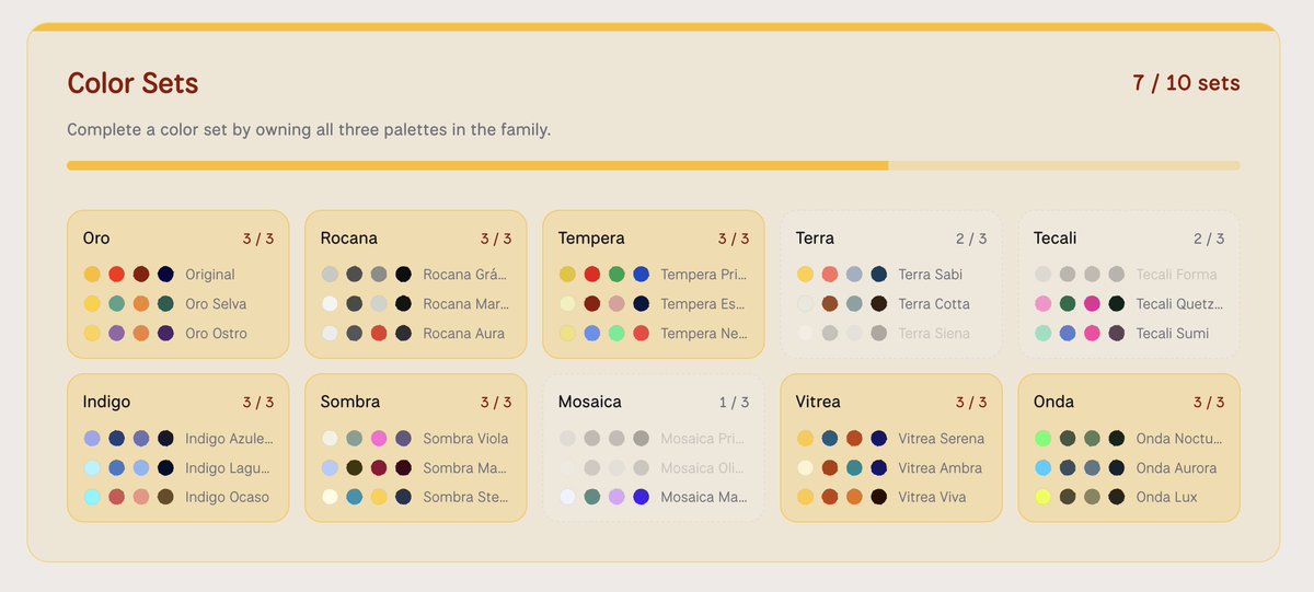 A screenshot of a 'Color Sets' completion tracker showing 7/10 sets complete, with categories like Oro, Rocana, Tempera, Terra, and Tecali listed with their progress.