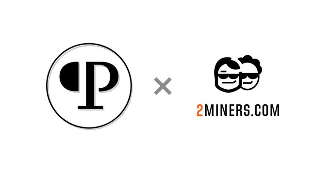 A graphic displaying the PRL (Pearl) coin logo on the left and the 2Miners.com logo on the right, separated by a multiplication-style "x" symbol, announcing a partnership where Pearl is now available for POOL and SOLO mining on the 2Miners platform.