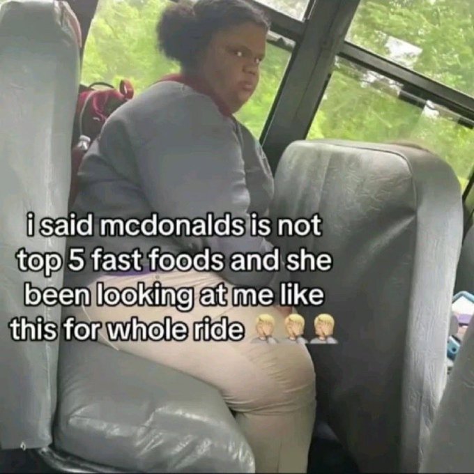 Meme showing a woman glaring from a bus seat with text overlay: 'i said mcdonalds is not top 5 fast foods and she been looking at me like this for whole ride'.