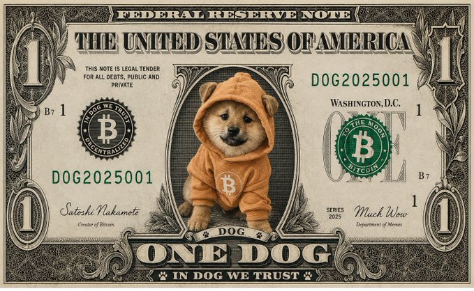 A novelty 'ONE DOG' federal reserve-style note featuring the Dogecoin Shiba Inu mascot in an orange hoodie, labeled 'DOG2025001' and 'In Dog We Trust'.