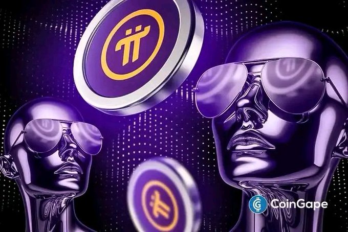 A stylized purple-tinted promotional image featuring two glossy mannequin heads wearing sunglasses, with floating Pi Network (π) coin logos and a 'CoinGape' watermark.