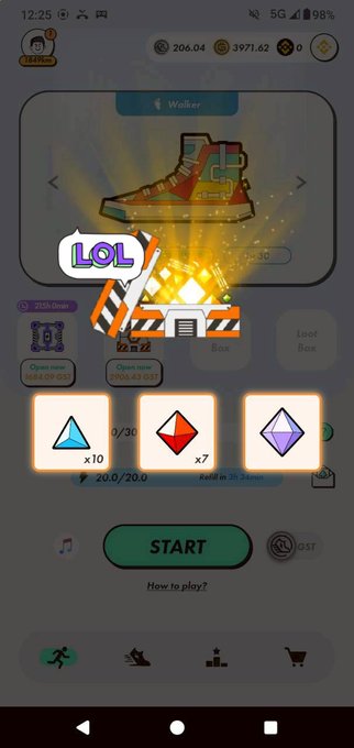 The image shows a phone screen displaying an app called "LOL" with a pair of shoes, which are the main focus of the scene. The background of the image features a cartoon-like design that includes a shoe and a building. There is also text on the screen that reads " Lv.3 GEM確率74％ 。 Lv.4 GEM確率0.81％（1/126） B国絶好調続 Lv.2赤 @kurobuta_coin". The app appears to be a game or an interactive experience, and the user might be in the process of playing it or learning about it.