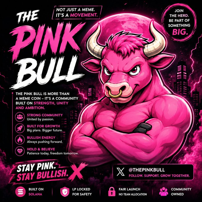 A vibrant pink promotional graphic for 'The Pink Bull' meme coin built on Solana, featuring a muscular pink bull mascot with the slogans 'Stay Pink. Stay Bullish.' and community-focused messaging.