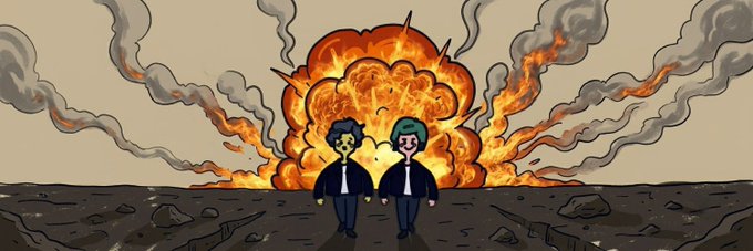 An animated cartoon illustration of two characters with skull and flame face paint standing calmly in front of a massive fiery explosion on a barren landscape.