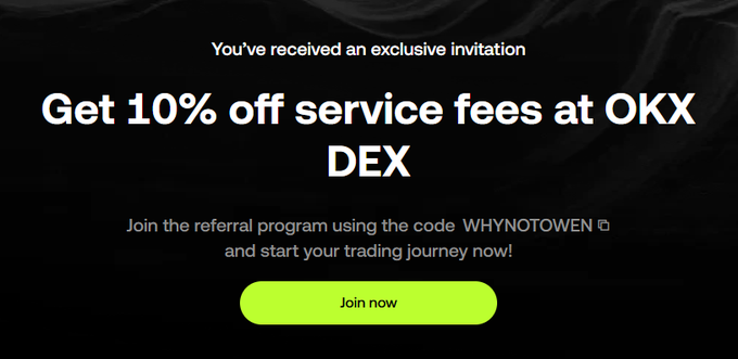 A promotional banner advertising 10% off service fees at OKX DEX, featuring the referral code "WHYNOTOWEN" and a bright green "Join now" call-to-action button, which ties to the post's referral link for OKX's Web3 platform to help users prepare for the Arc ecosystem by setting up a wallet and bridging assets.