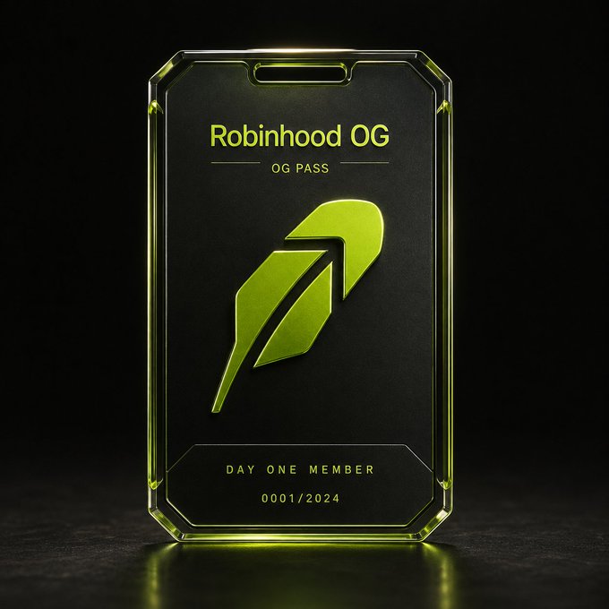 The image shows a digital "Robinhood OG Pass" NFT badge with a stylized feather/leaf logo, labeled "Day One Member" and numbered 0001/2024, presented in a sleek black and neon green design. It represents the limited-edition collectible that eligible original Robinhood users can mint on OpenSea during the 12-hour window mentioned in the post.