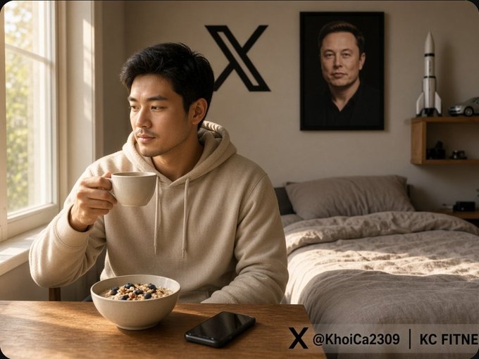 An AI-generated scene of a young man in a beige hoodie drinking from a cup at a wooden table with a bowl of cereal, set in a bedroom featuring an X logo on the wall, a portrait of Elon Musk, and a rocket model. Text reads 'X @KhoiCa2309 | KC FITNE'.