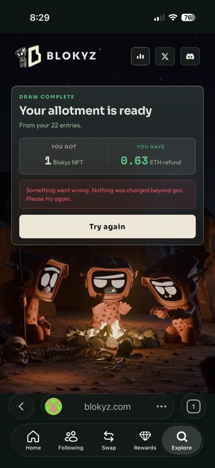 A mobile screenshot of blokyz.com showing a 'DRAW COMPLETE - Your allotment is ready' message indicating 1 Blokyz NFT allotted and 0.63 ETH refund from 22 entries, with an error message and 'Try again' button above cartoon caveman characters around a campfire.