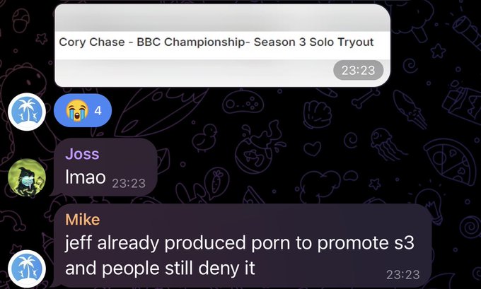 A chat screenshot discussing 'Cory Chase - BBC Championship- Season 3 Solo Tryout' where user Mike states 'jeff already produced porn to promote s3 and people still deny it'.