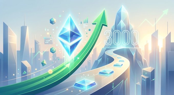 A futuristic digital illustration features a glowing Ethereum diamond logo riding an upward green arrow toward "3000," set against a stylized cityscape with a winding path of blue blocks—visually reinforcing the post's question about Ethereum's potential to reach the $3,000 milestone following its breakout past $2,500.