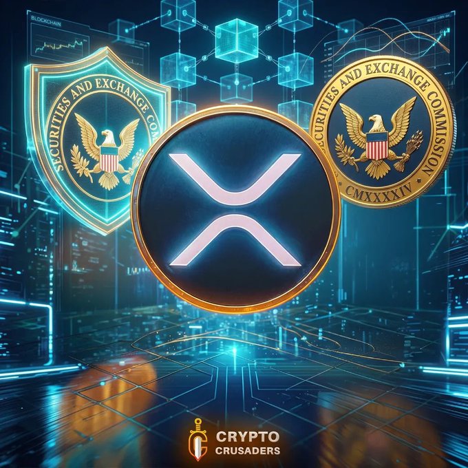 A crypto-themed promotional graphic featuring the XRP/X logo flanked by two SEC (Securities and Exchange Commission) emblems, with 'CRYPTO CRUSADERS' branding at the bottom, set against a digital blockchain background.