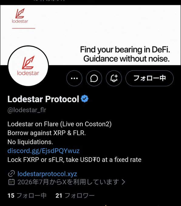 A Twitter/X profile for 'Lodestar Protocol' (@lodestar_flr) with the tagline 'Find your bearing in DeFi. Guidance without noise,' describing borrowing against XRP & FLR with no liquidations.