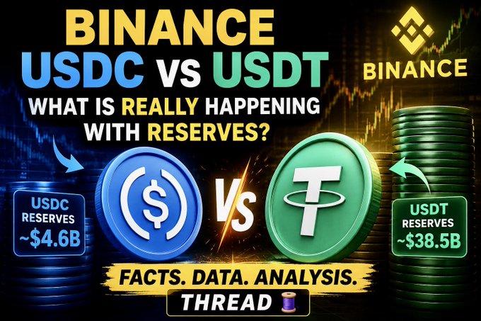 A Binance YouTube thumbnail comparing USDC and USDT stablecoins, displaying 'BINANCE USDC vs USDT - WHAT IS REALLY HAPPENING WITH RESERVES?' with USDC reserves at ~$4.6B and USDT reserves at ~$38.5B, along with 'FACTS. DATA. ANALYSIS. THREAD'.