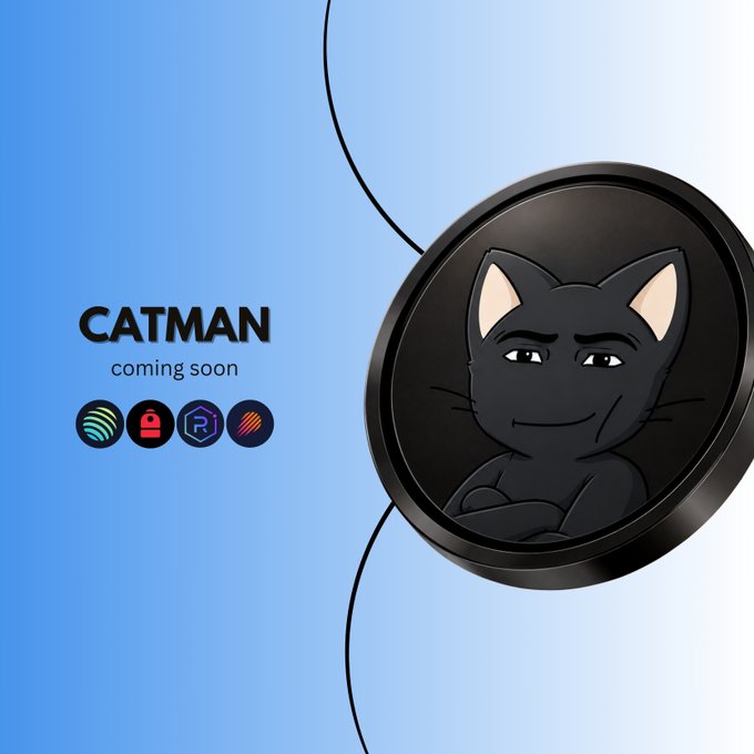 A promotional graphic on a light blue gradient background displaying the text 'CATMAN coming soon' alongside four small circular icons and a large black circular emblem featuring a stylized black cat face.
