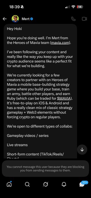 A smartphone screenshot of an Instagram DM from verified user 'Mert' pitching a collaboration for 'Heroes of Mavia', a mobile base-building strategy game with $MAVIA tokens, though the recipient has blocked messages from the user.