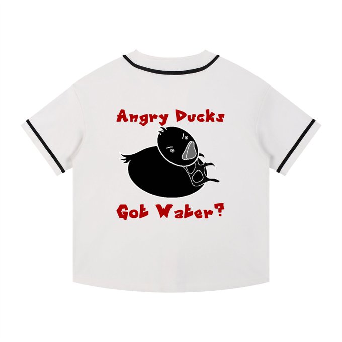 A white t-shirt features a black duck graphic with the red text 'Angry Ducks Got Water?'.