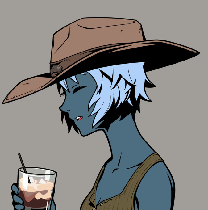 An anime-style illustration of a blue-skinned character with white hair and a wide brown cowboy hat, sipping a drink with a straw from a glass.