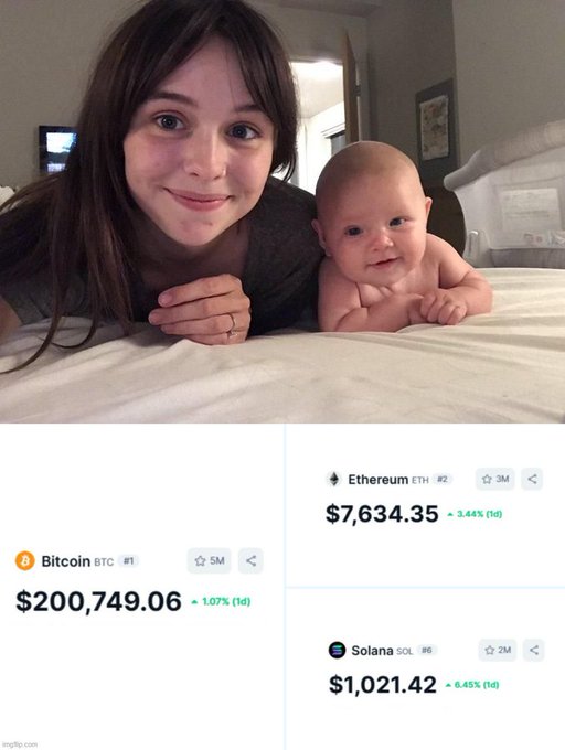A woman and baby pose on a bed above a crypto market display showing Bitcoin at $200,749.06, Ethereum at $7,634.35, and Solana at $1,021.42.