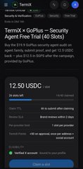 A Trust Wallet app screen showing TemTex (TEMX) with a security check, displaying '12.50 USDC' balance and a 'Claim airdrop' button.
