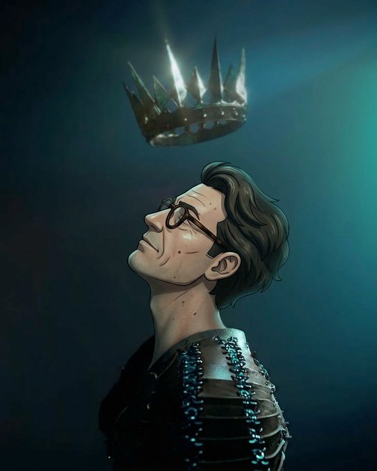 A digital illustration of a young man in dark armor looking upward toward a glowing spiked crown hovering above his head against a dark teal background.
