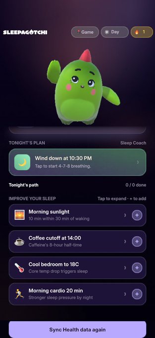The image shows a phone screen displaying an app called @sleepagotchi. The app has a cartoon character as its main feature, which appears to be a green monster with a red hat. It also includes a sleep tracking section that allows users to log their sleeping habits and progress through various tasks throughout the night.
