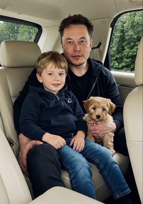 Elon Musk sitting in a car with a young boy wearing a dark Nike hoodie and blue jeans on his lap, while holding a small fluffy brown puppy in his hand.