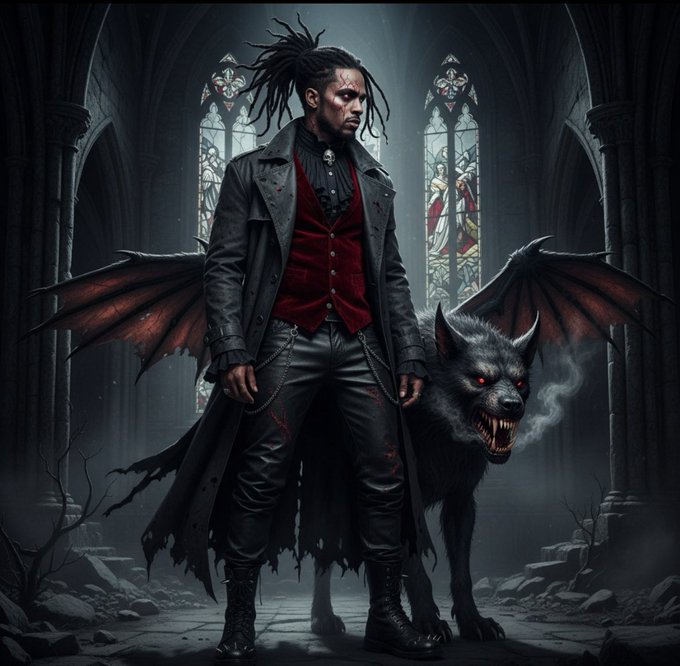 Dark fantasy digital artwork showing a man with dreadlocks in a dark coat and red vest standing beside a fierce, dark-furred werewolf with red eyes and bat-like wings in a gothic cathedral.