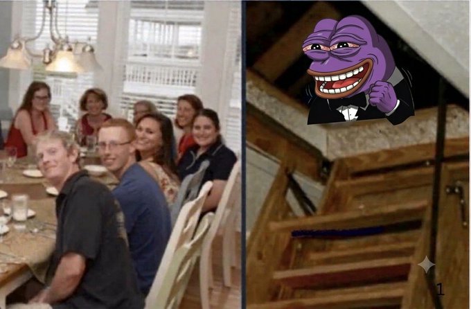 A split image showing a group of people at a dinner table on the left, and an attic space with a superimposed purple troll face meme on the right.