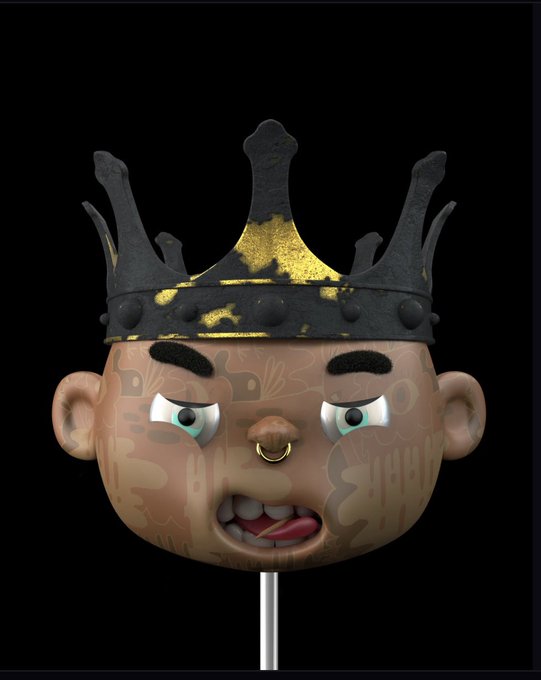 A 3D-rendered character head with a weathered, decorated skin texture, wearing a black and gold crown, with an angry expression and its tongue sticking out.