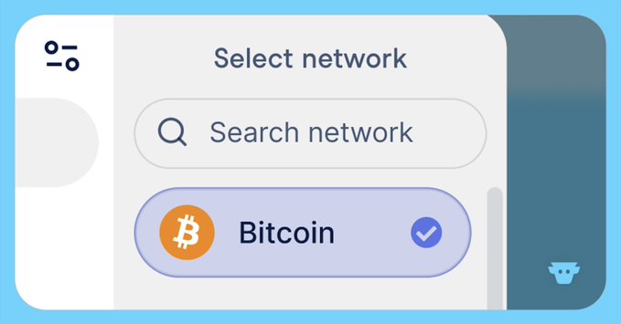 A blue interface element titled 'Select network' with a search bar and a 'Bitcoin' option selected, featuring a cartoon animal mascot icon on the side.