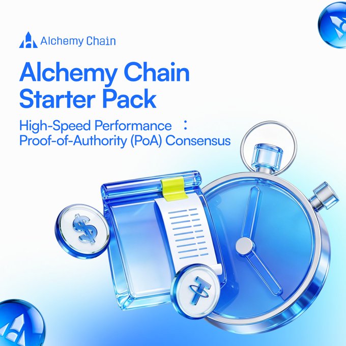 Promotional graphic for "Alchemy Chain Starter Pack" featuring blue 3D illustrations of a stopwatch, document, and coins with dollar and Ethereum symbols, advertising "High-Speed Performance: Proof-of-Authority (PoA) Consensus."