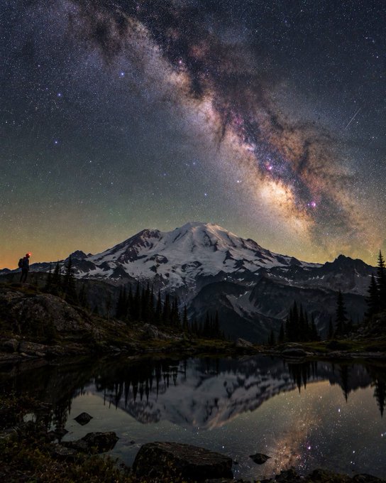 A nighttime astrophotography shot of a snow-capped mountain reflecting in a calm alpine lake, with the Milky Way galaxy stretching across the starry sky above.