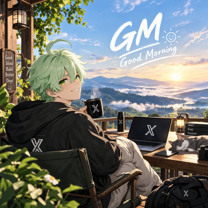 An anime-style illustration of a green-haired character holding a coffee mug, with 'GM Good Morning' text displayed against a scenic mountain landscape with a laptop and cat on a wooden table.