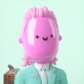 A small image of a pink cartoon character with wavy hair, wearing a light blue suit and tie, against a pale green background.