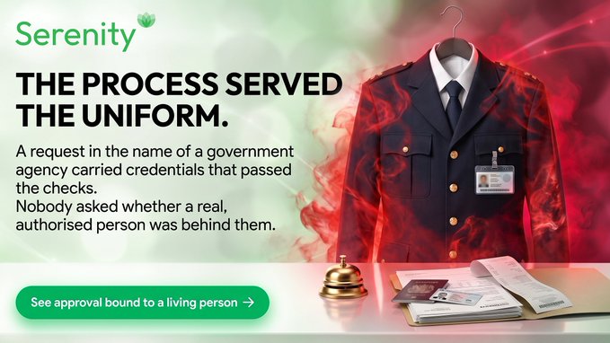 A promotional graphic titled 'Serenity' with the text 'THE PROCESS SERVED THE UNIFORM' and a description about government credentials, featuring an image of a uniform hanging on a hanger with documents and a service bell below.