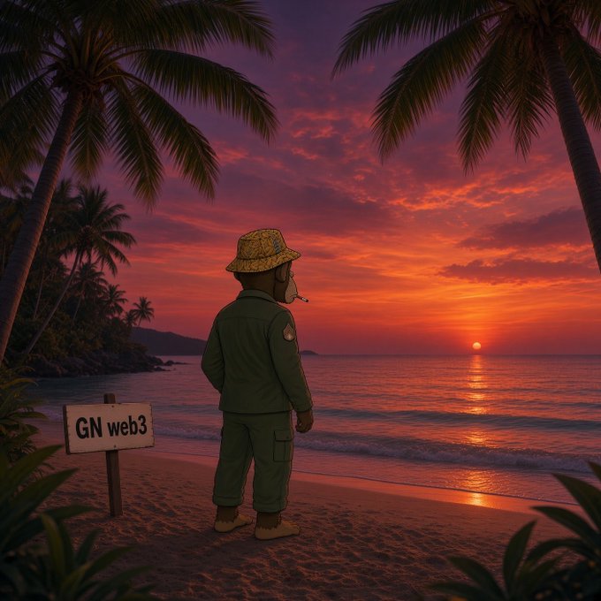 An illustration of a monkey wearing a green outfit and bucket hat smoking a cigarette while watching a sunset over a tropical beach with palm trees, next to a sign that reads 'GN web3'.