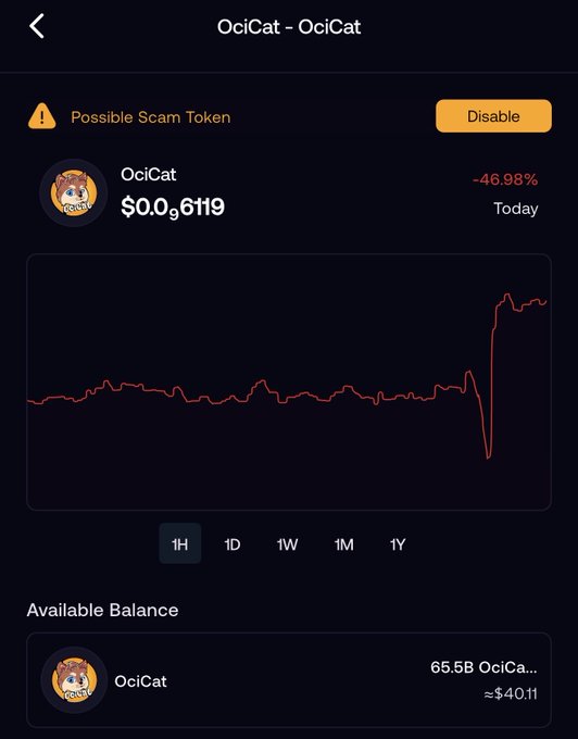 The screenshot displays a crypto wallet interface showing "OciCat - OciCat" token flagged as a "Possible Scam Token" with a price of $0.06119 and a -46.98% decline today, showing a dramatic price drop on the 1-hour chart. The user appears to be warning the token developers about how contract migration disadvantages inactive holders, suggesting they should airdrop equivalent tokens instead—an ironic stance given the wallet's scam warning and the token's steep value decline.