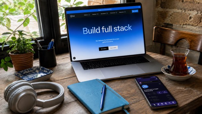 A laptop on a wooden desk displays the Sui website with the headline "Build full stack," accompanied by headphones, a notebook, pen, smartphone, and a glass of tea—capturing the post's question about where you're following Sui from today, whether it's your desk, couch, café, or phone screen.